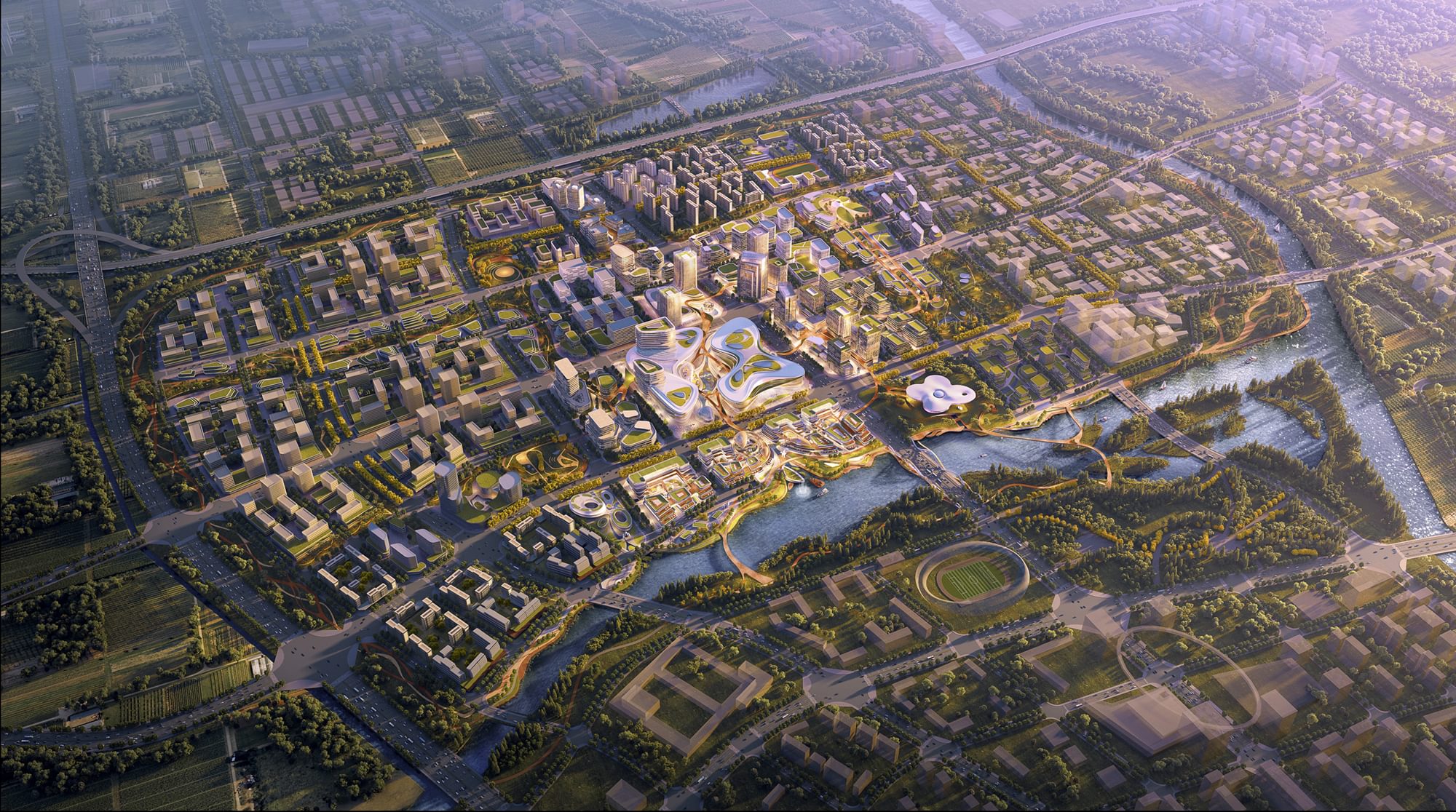 Vista aérea de masterplan de desarrollo urbano moderno
